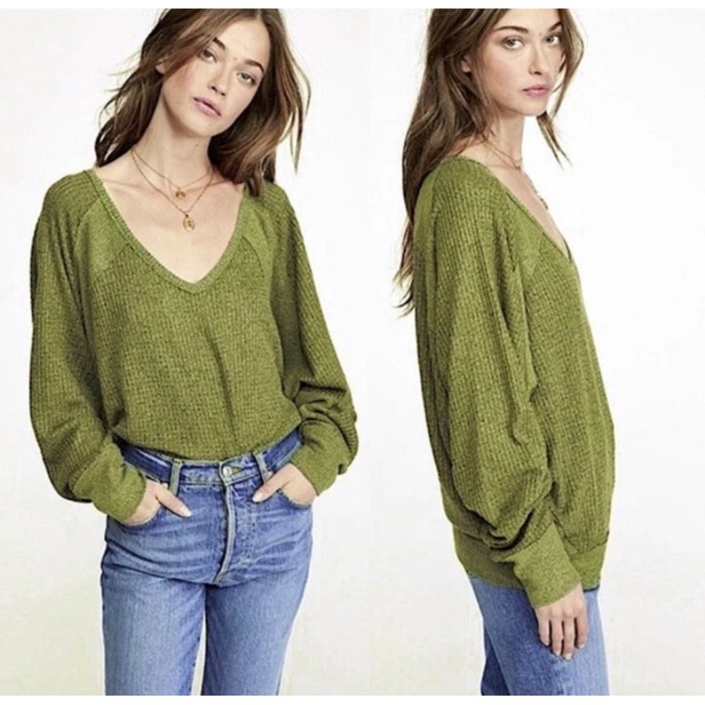 Free People green Santa Clara‎ waffle Knit thermal Long Sleeve Oversized Top M